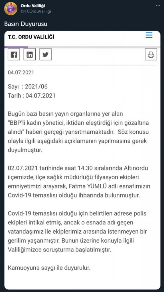 ordu valiligi fatma yumlu aciklama