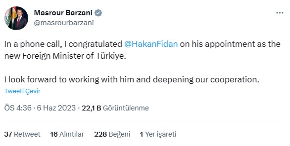 masrour barzani hakan fidan tweet