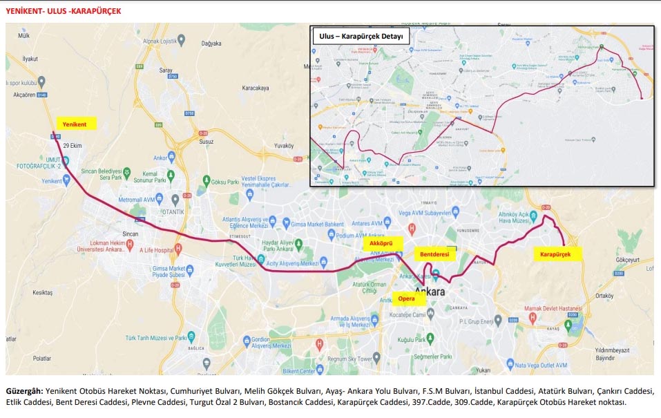 Ankara'da metrobüs test sürüşlerinin yapıldığı güzergâh